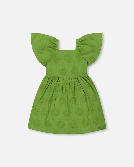 Frill Sleeve Dress With Embroidery Green