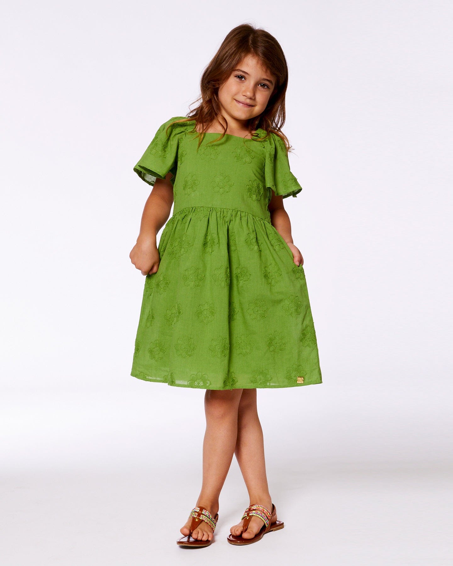 Frill Sleeve Dress With Embroidery Green