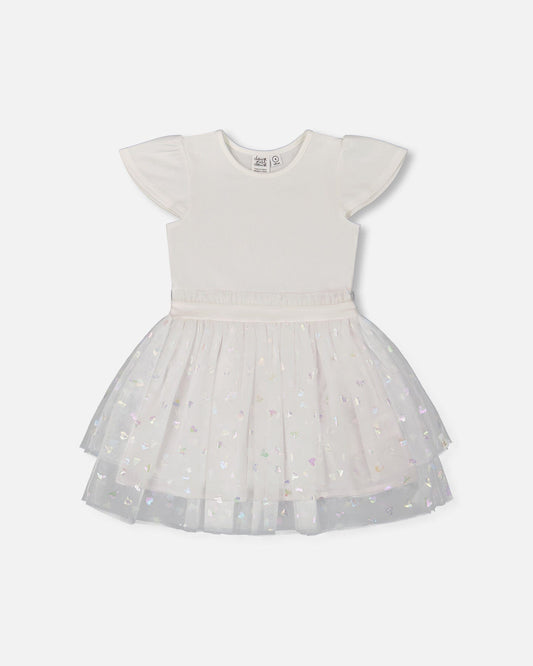 Bi-Material Dress With Glitter Hearts Skirt Snow White