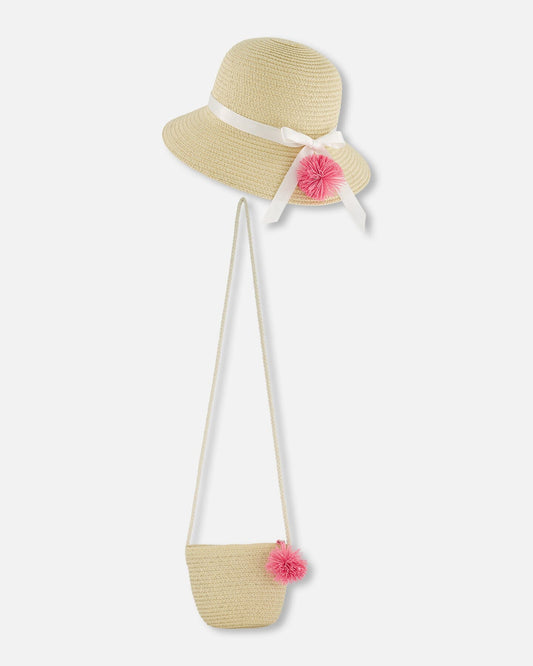 Straw Bag And Hat Set Straw And Pink