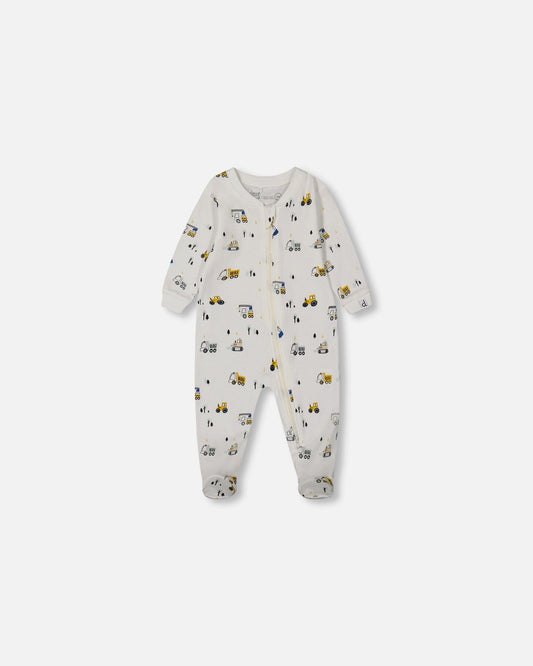 Printed Organic Cotton One-Piece Pajama Off-White And Multi Truck