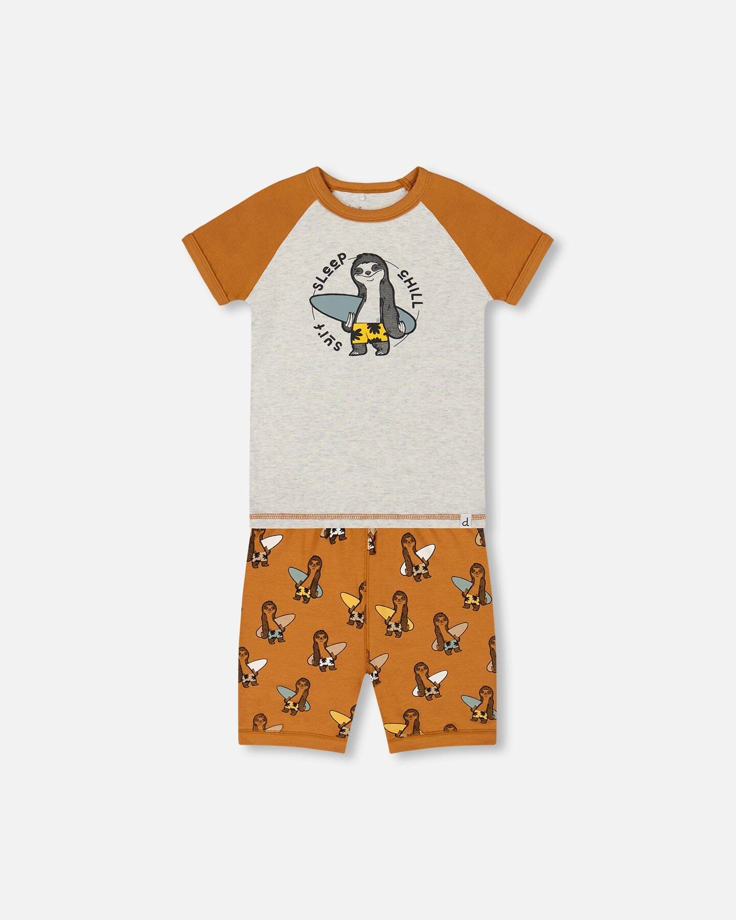 Organic Cotton Two-Piece Short Pajama Set Sloths On Tan And Mottled Background