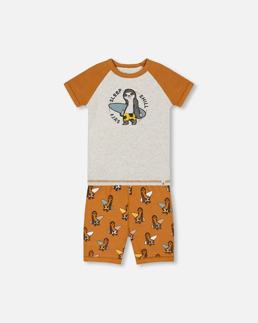 Organic Cotton Two-Piece Short Pajama Set Sloths On Tan And Mottled Background