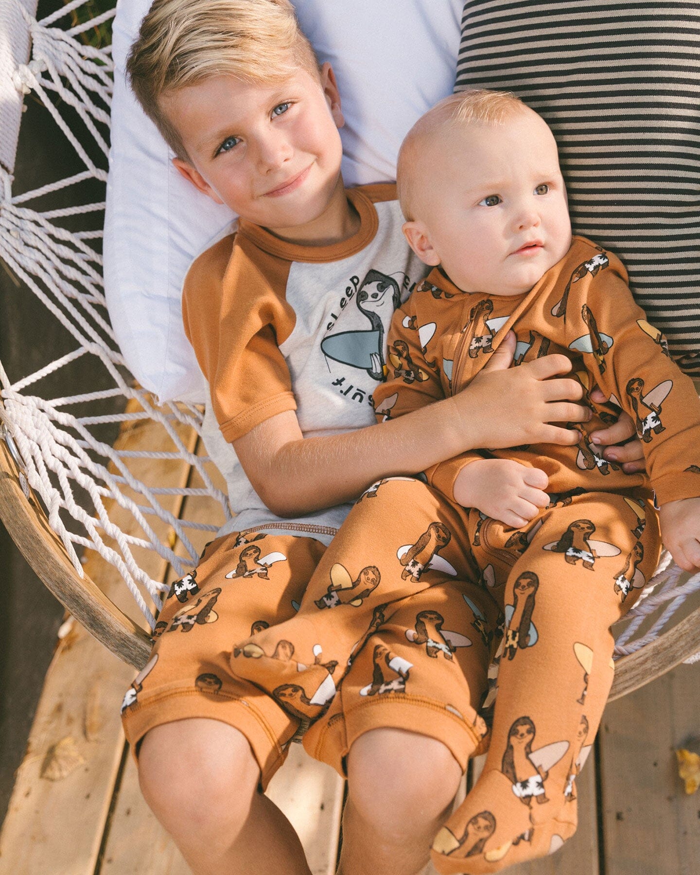 Organic Cotton Two-Piece Short Pajama Set Sloths On Tan And Mottled Background