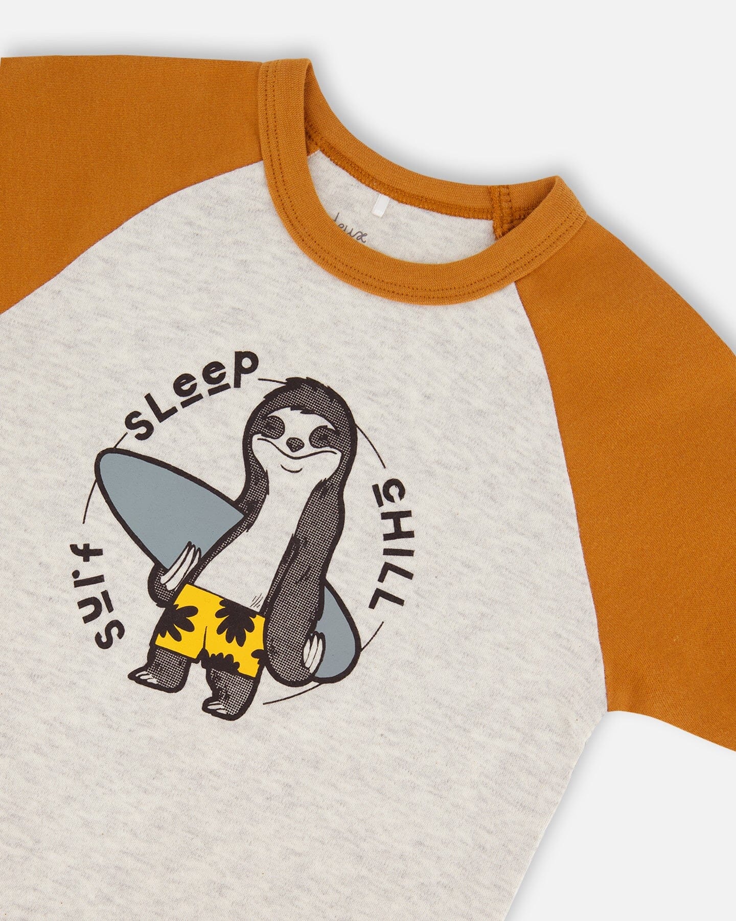 Organic Cotton Two-Piece Short Pajama Set Sloths On Tan And Mottled Background