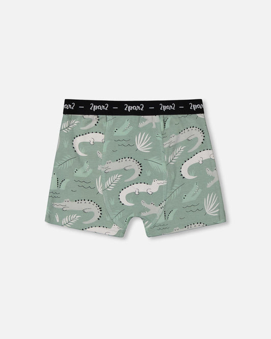 Printed Organic Cotton Boxer Shorts Light Sage And Gray Crocodile