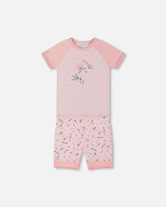 Organic Cotton Two-Piece Short Pajama Set Small Pink Flowers On Pale Pink Background