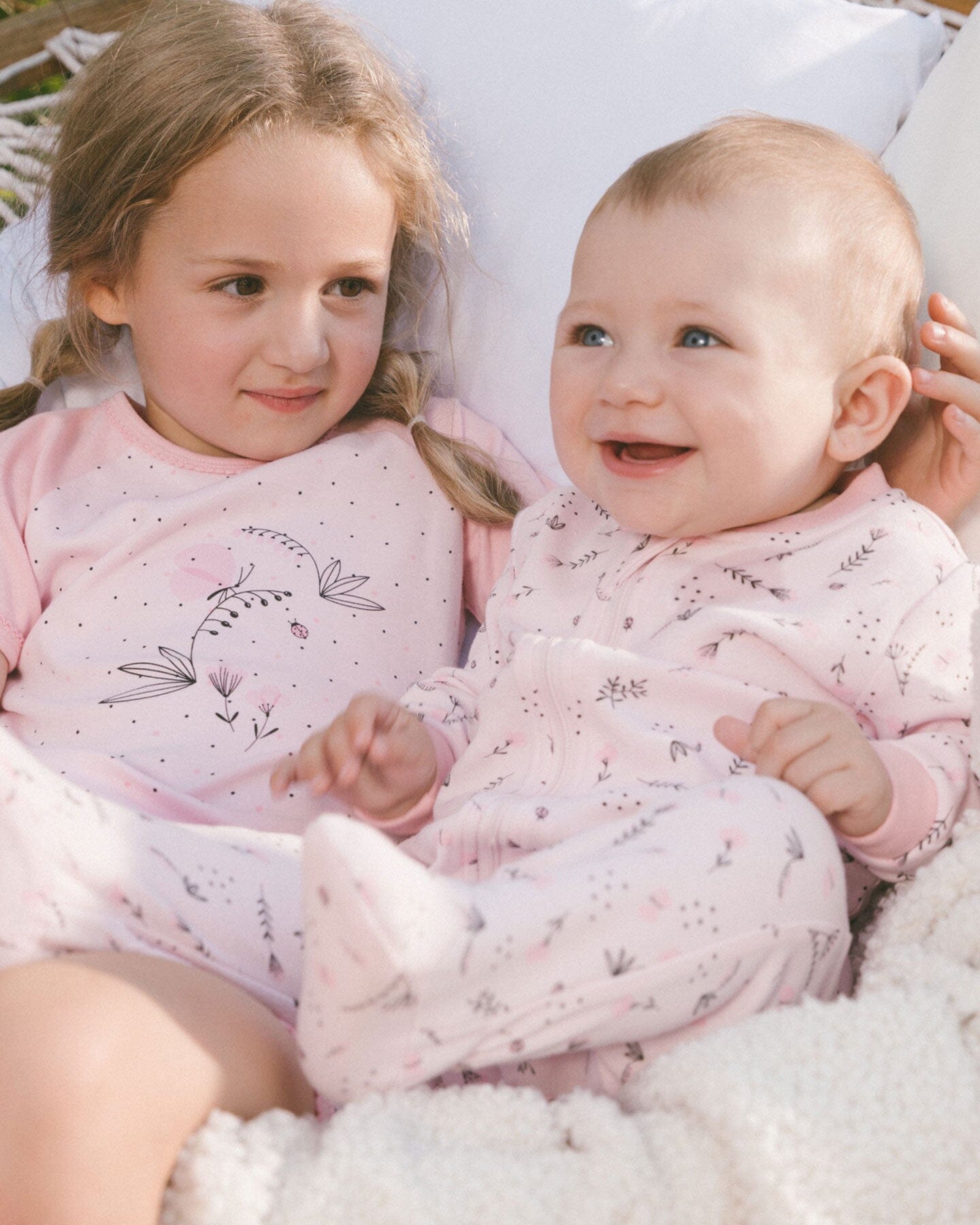 Organic Cotton Two-Piece Short Pajama Set Small Pink Flowers On Pale Pink Background