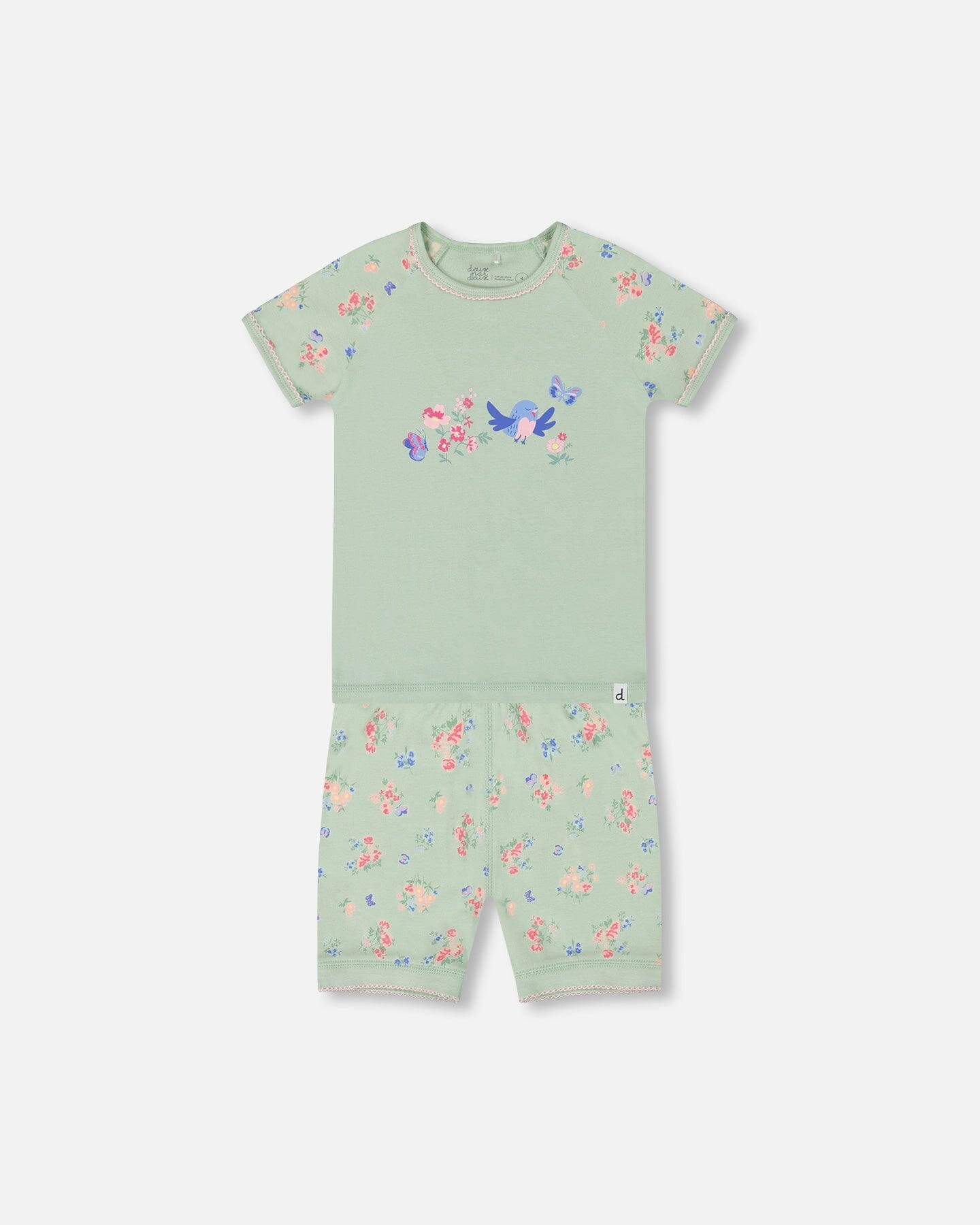 Organic Cotton Two-Piece Short Pajama Set Small Pink And Blue Flowers On Light Sage