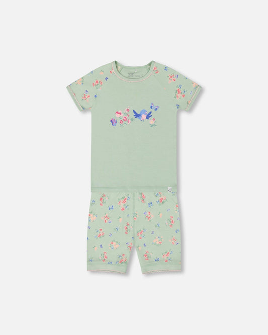 Organic Cotton Two-Piece Short Pajama Set Small Pink And Blue Flowers On Light Sage