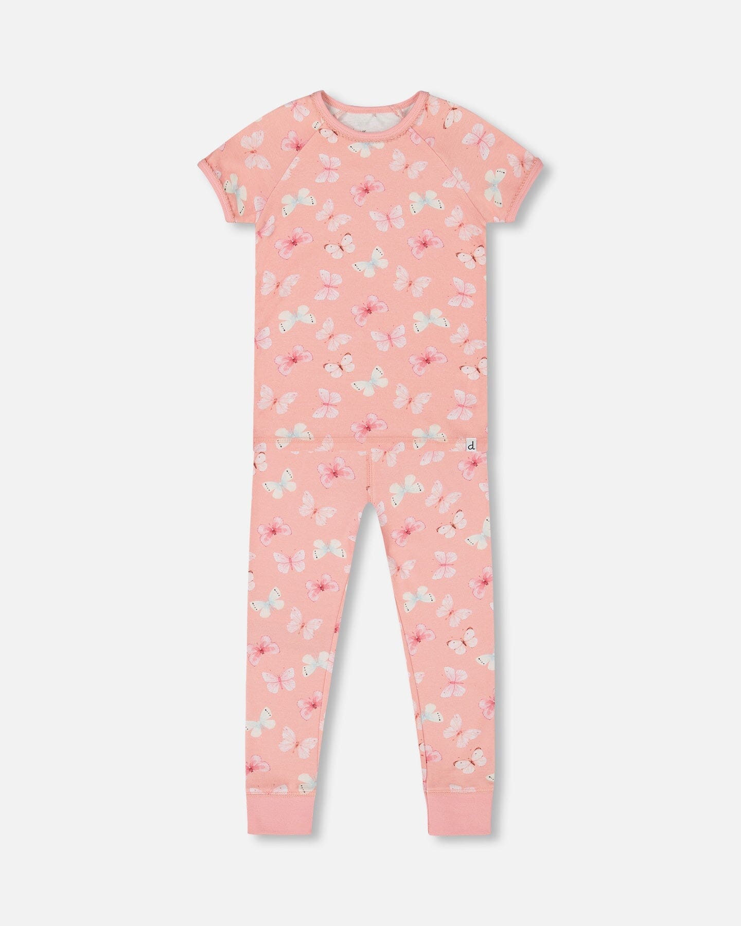 Organic Cotton Short Sleeve Top And Pant Pajama Set Pink And Blue Butterflies On Old Pink