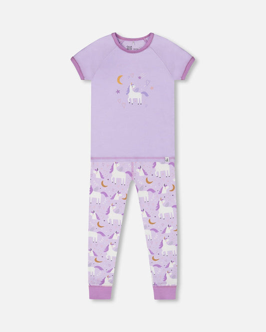 Organic Cotton Short Sleeve Top And Pant Pajama Set White Unicorn On Mauve