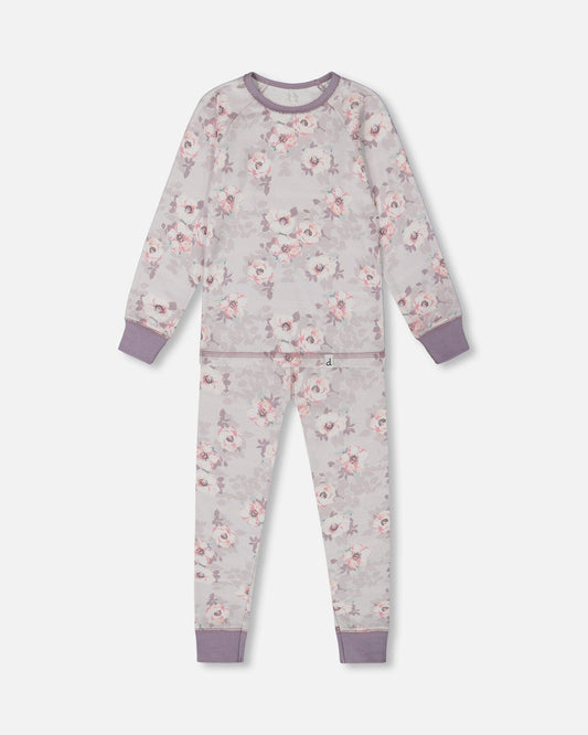 Printed Organic Cotton Long Sleeve Top And Pant Pajama Set Pale Pink Flowers On Neutral Lilac