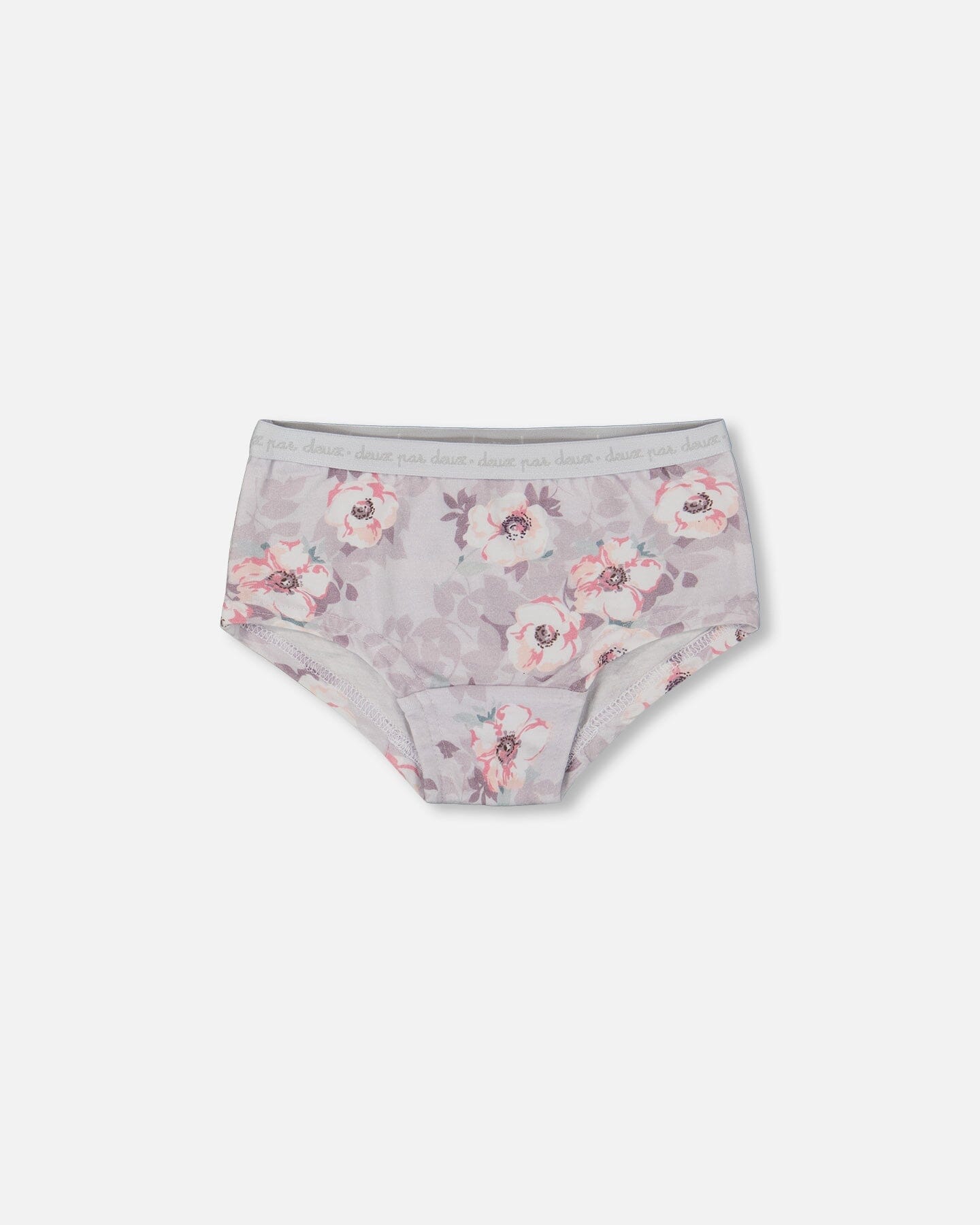 Printed Organic Cotton Boyshort Panty Pale Pink Flowers On Neutral Lilac