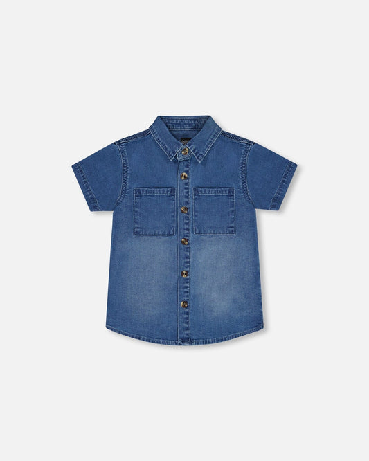 Short Sleeve Button Down Shirt Dark Denim Blue