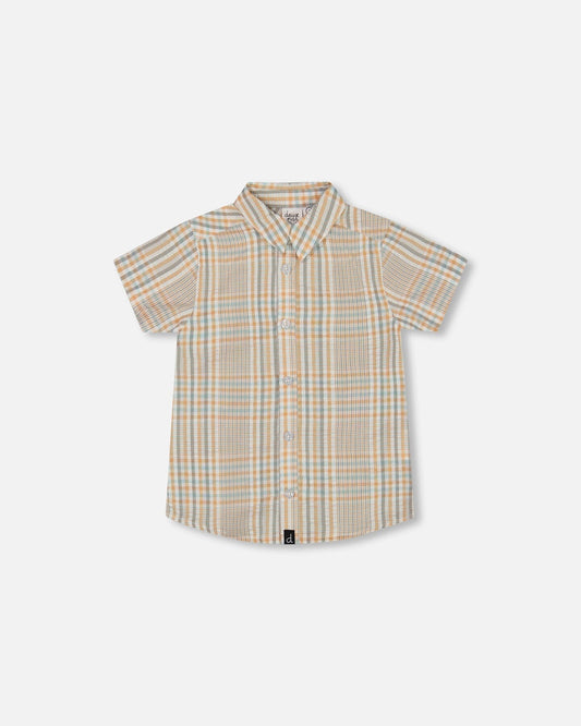 Short Sleeve Button Down Shirt Beige And Sage Plaid