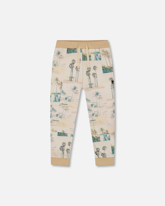 Printed Jogger Sweatpants Beige Palm Tree And Teal