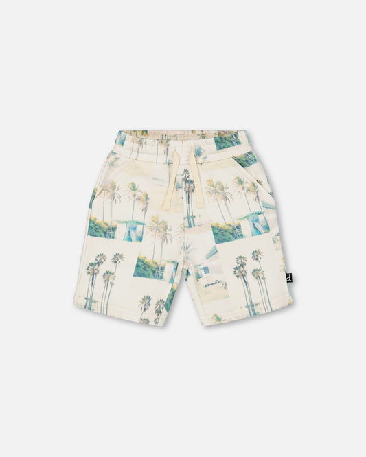 Printed French Terry Short Beige Palm Tree And Teal