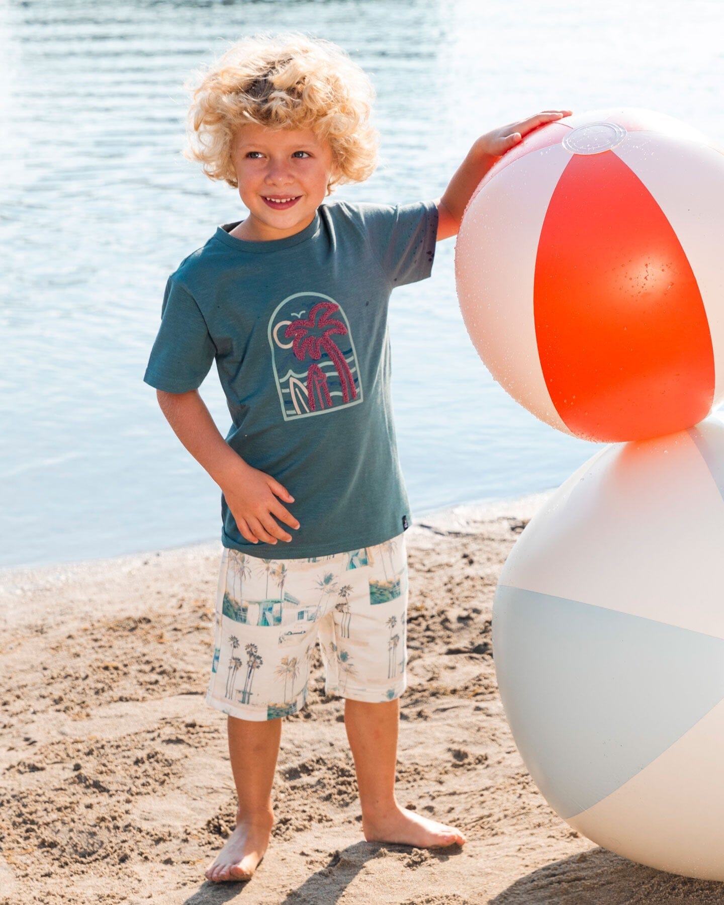 Printed French Terry Short Beige Palm Tree And Teal