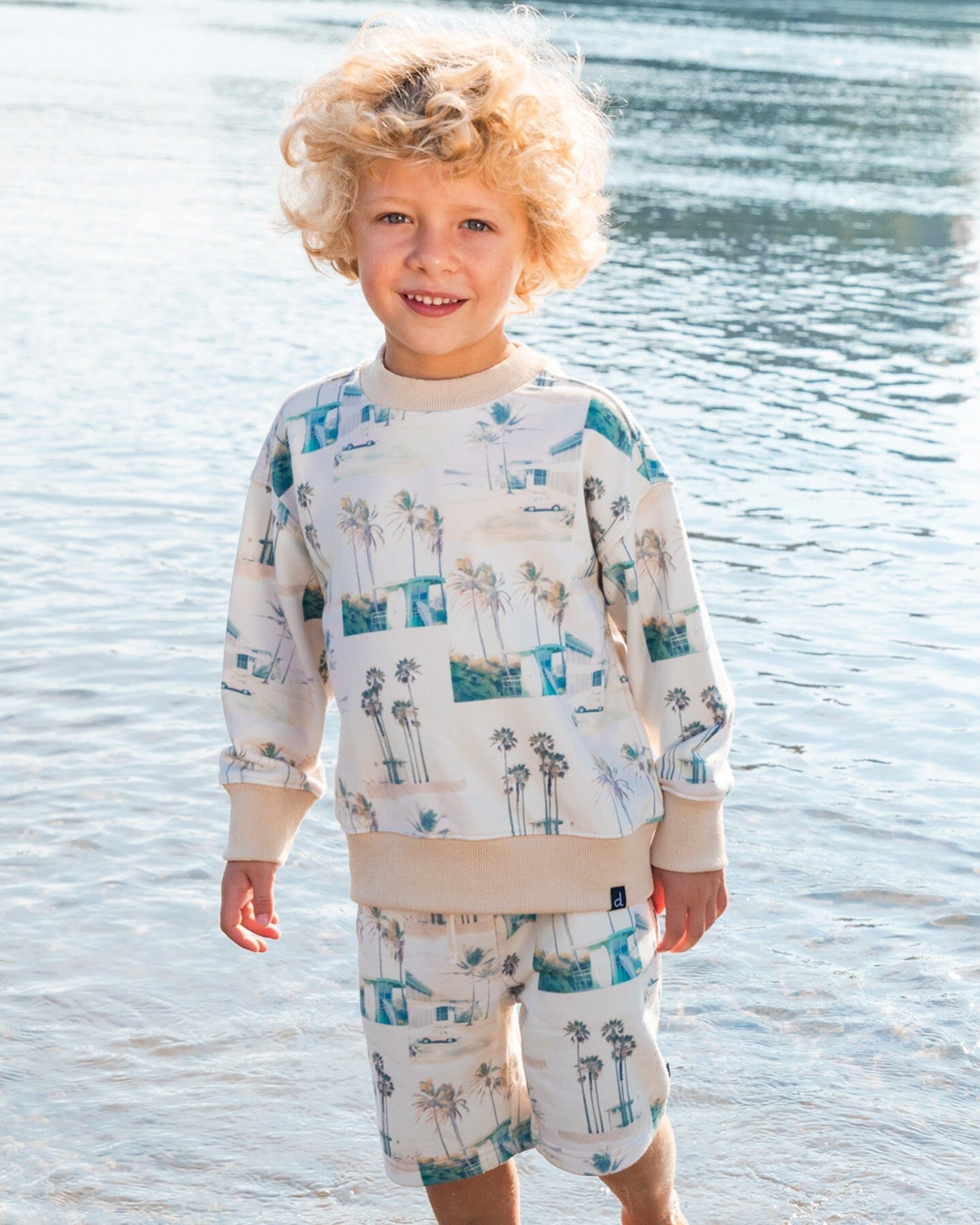 Printed Pullover Sweatshirt Beige Palm Tree And Teal