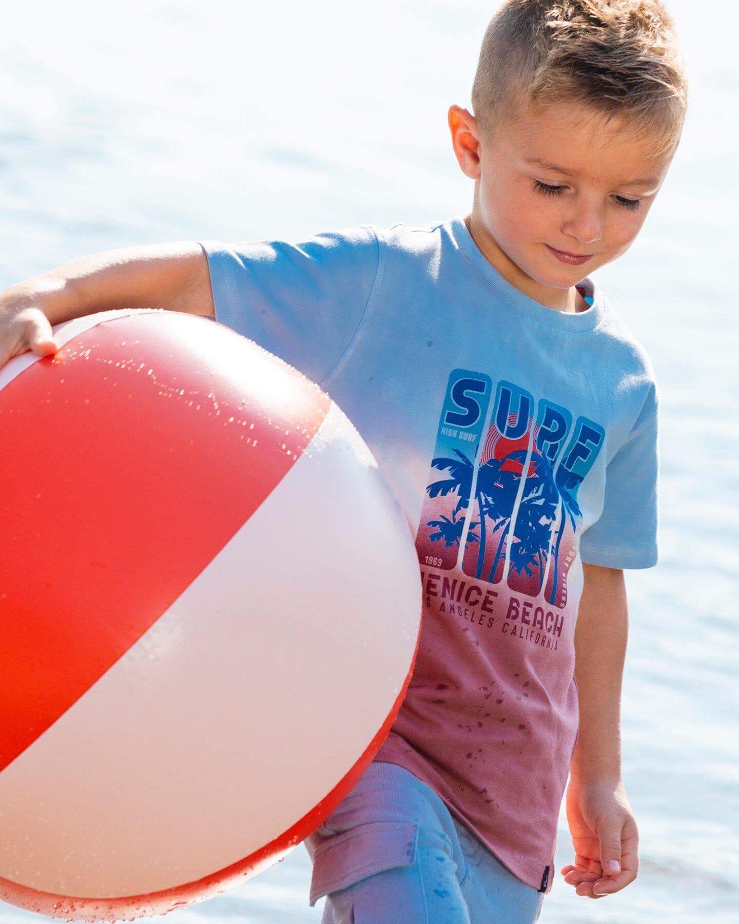 Short Sleeve Organic Cotton Graphic Tee Gradient Pale Blue And Dark Old Rose