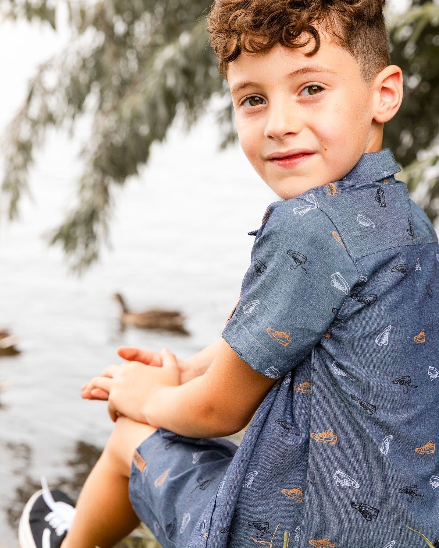 Printed Chambray Short Gray, White And Tan