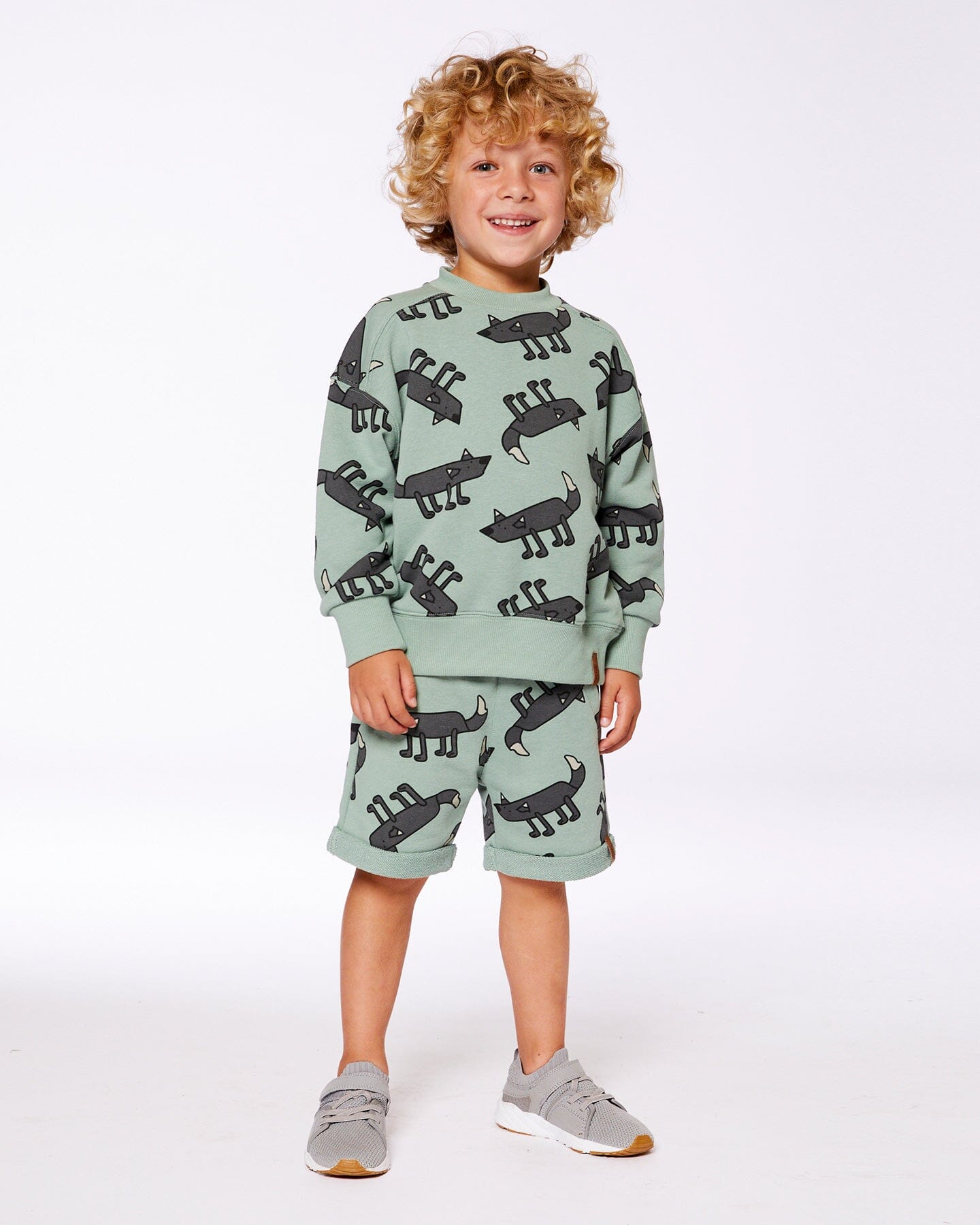 Printed French Terry Short Gray Wolf On Teal Background