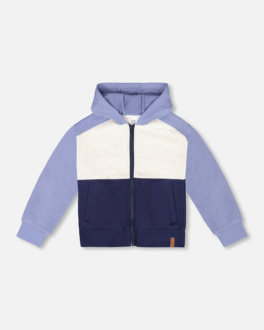 French Terry Color Block Full Zip Hoodie Sweatshirt Blue, Navy And Cream