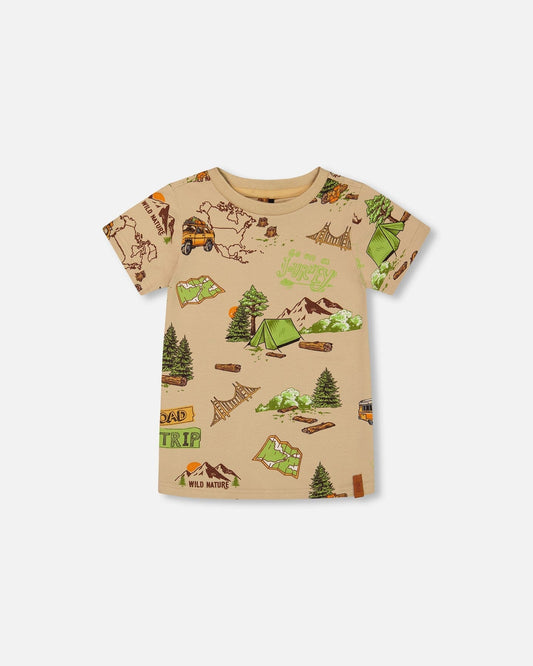 Printed Organic Cotton Tee Camping Beige