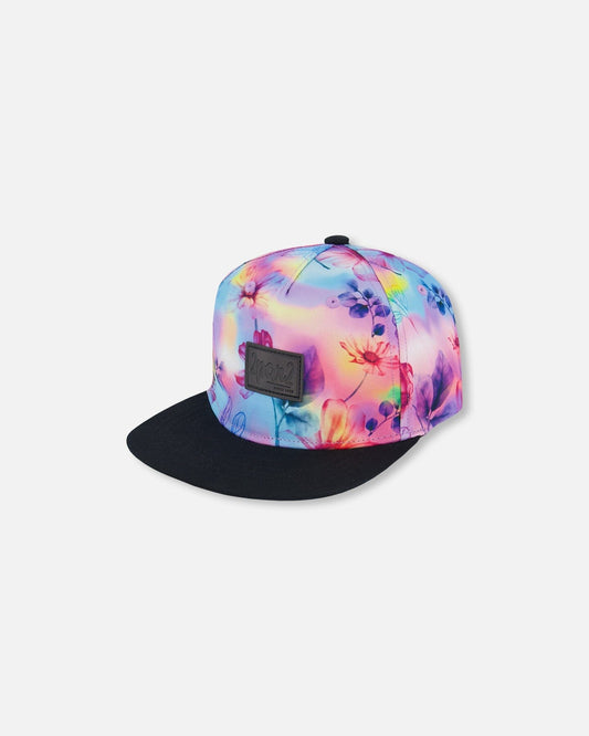 Printed Cap with Floral Print on Black and Multicolored Background