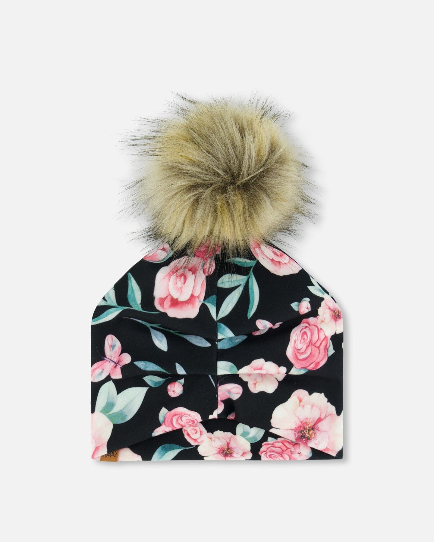 Printed Jersey Detachable Pompom Hat Pink, Black, And Flowers