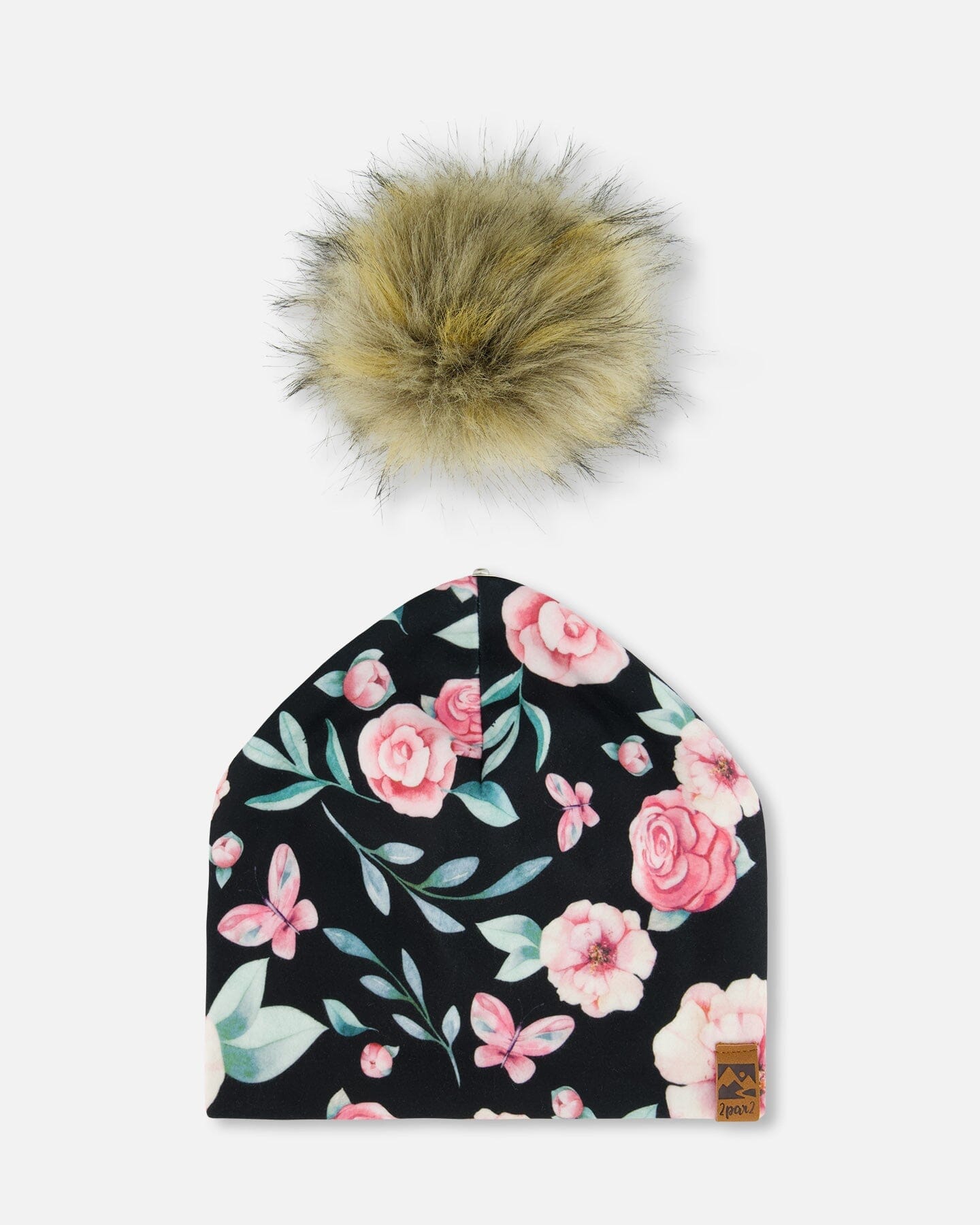 Printed Jersey Detachable Pompom Hat Pink, Black, And Flowers