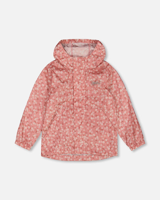 Printed Packable Windbreaker Small White Flowers On Pale Pink