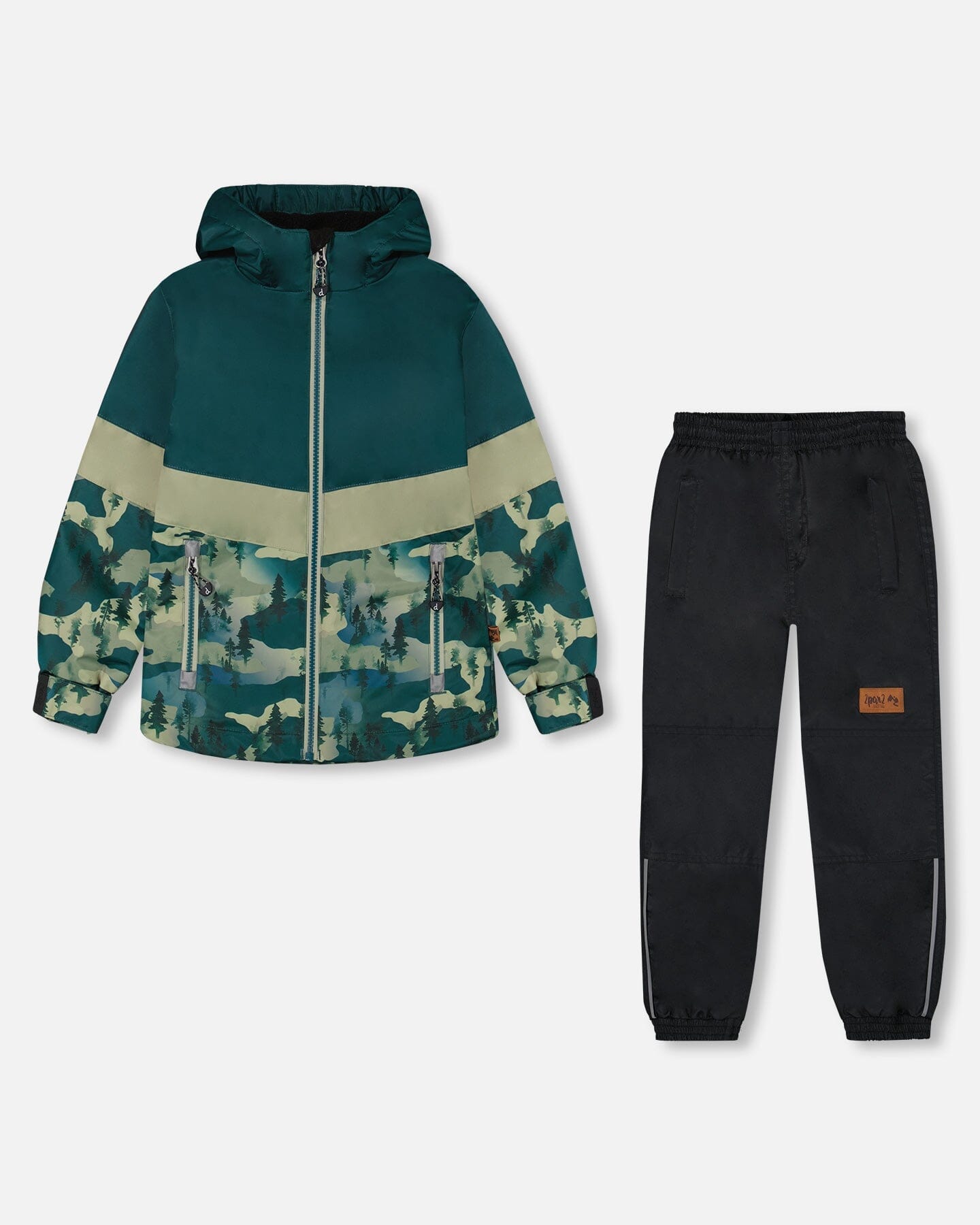 Colorblock Printed Two-Piece Mid-Season Outerwear Set Forest Green With Black Pines