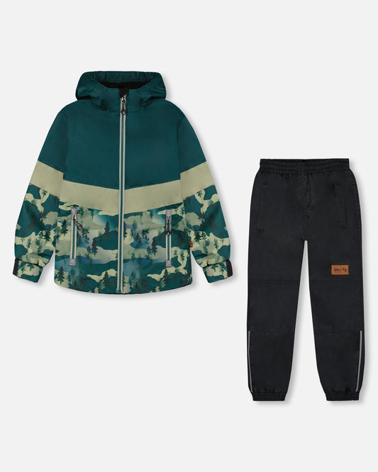 Colorblock Printed Two-Piece Mid-Season Outerwear Set Forest Green With Black Pines