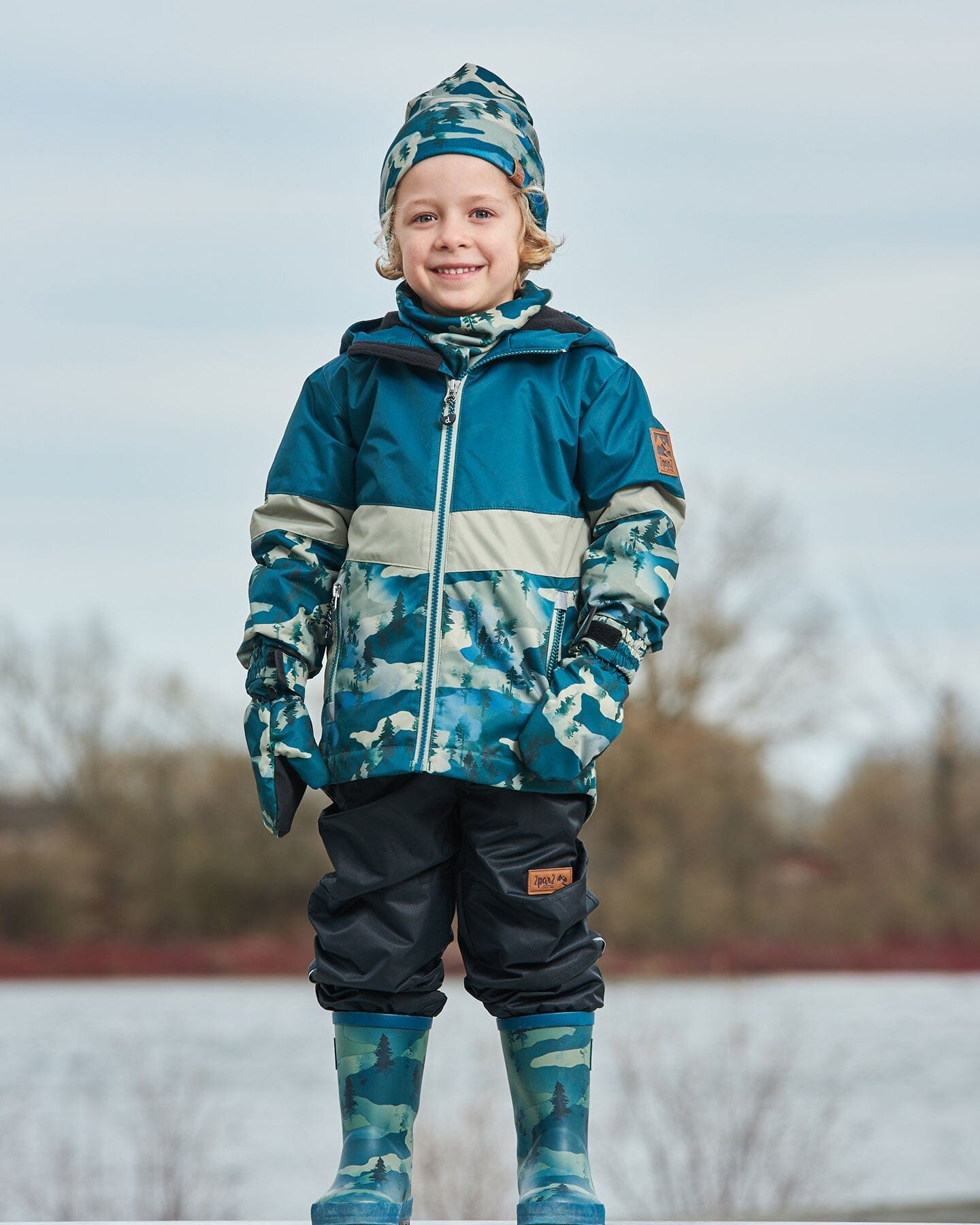 Colorblock Printed Two-Piece Mid-Season Outerwear Set Forest Green With Black Pines