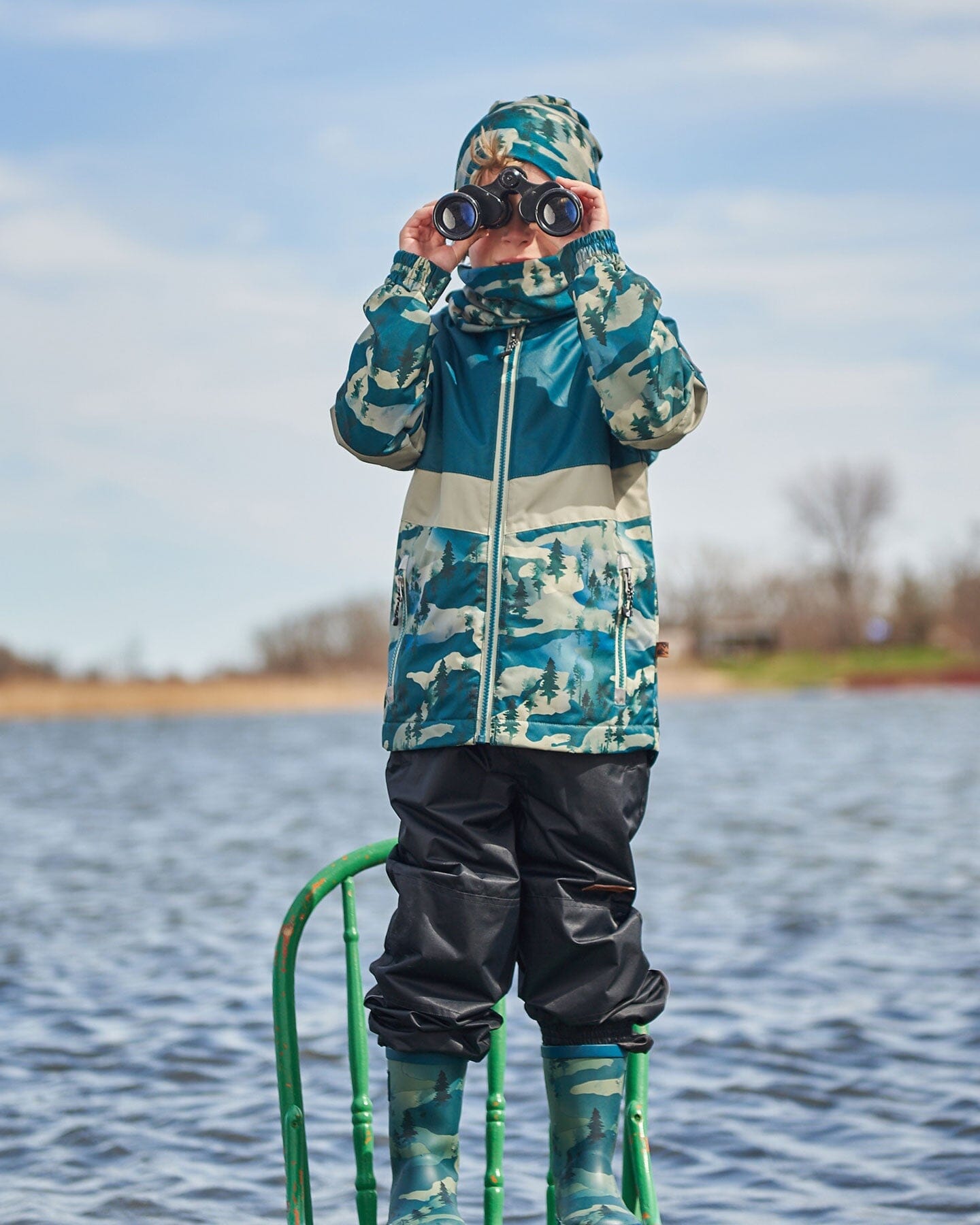 Colorblock Printed Two-Piece Mid-Season Outerwear Set Forest Green With Black Pines