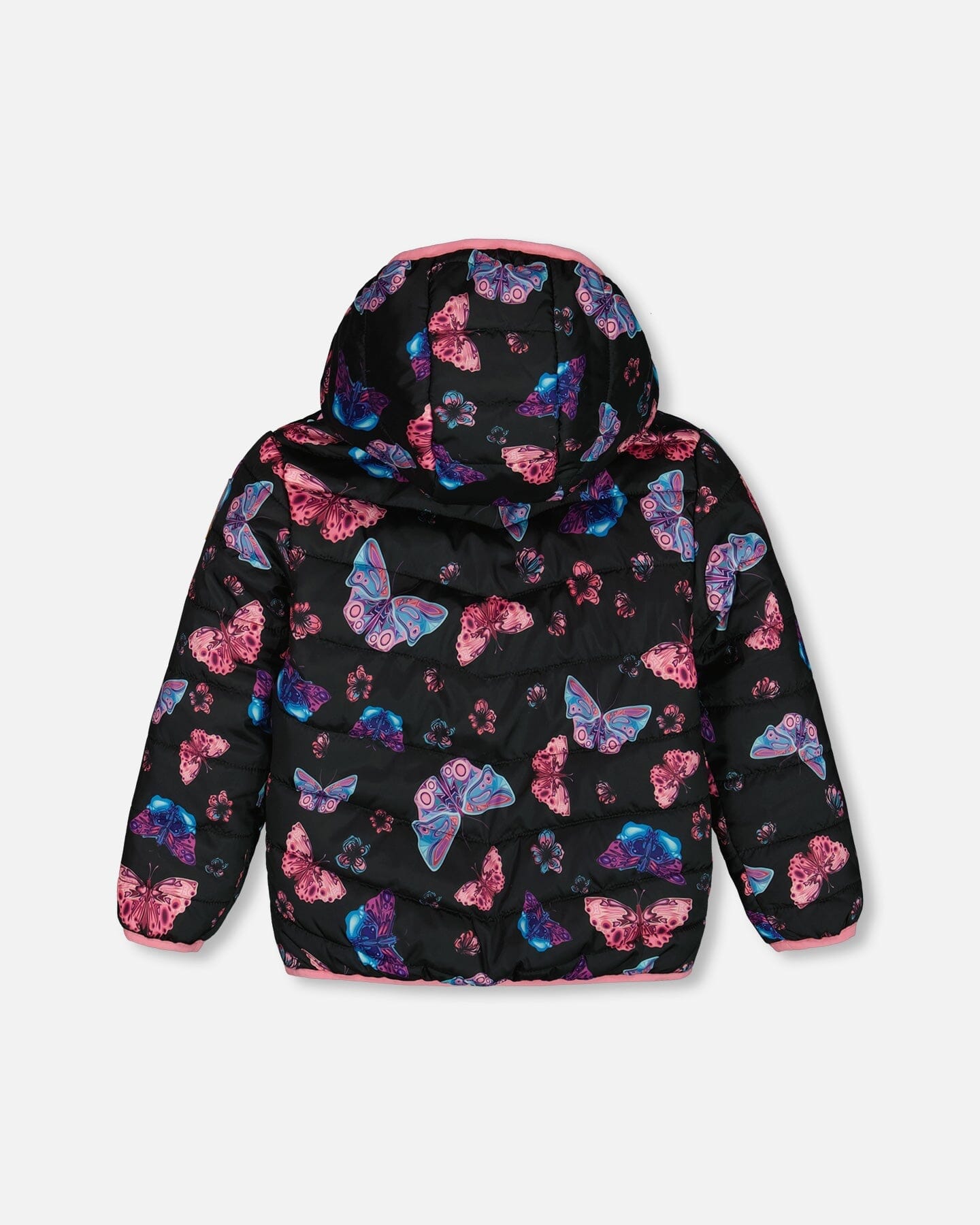 Printed Quilted Mid-Season Jacket Multicolored Butterflies On Black Background