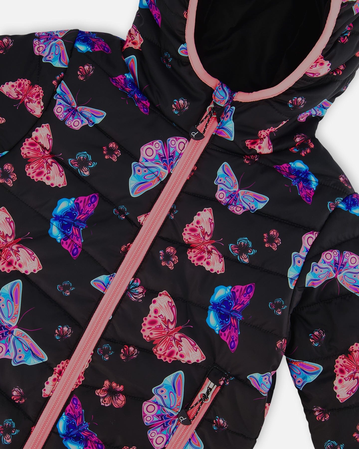 Printed Quilted Mid-Season Jacket Multicolored Butterflies On Black Background