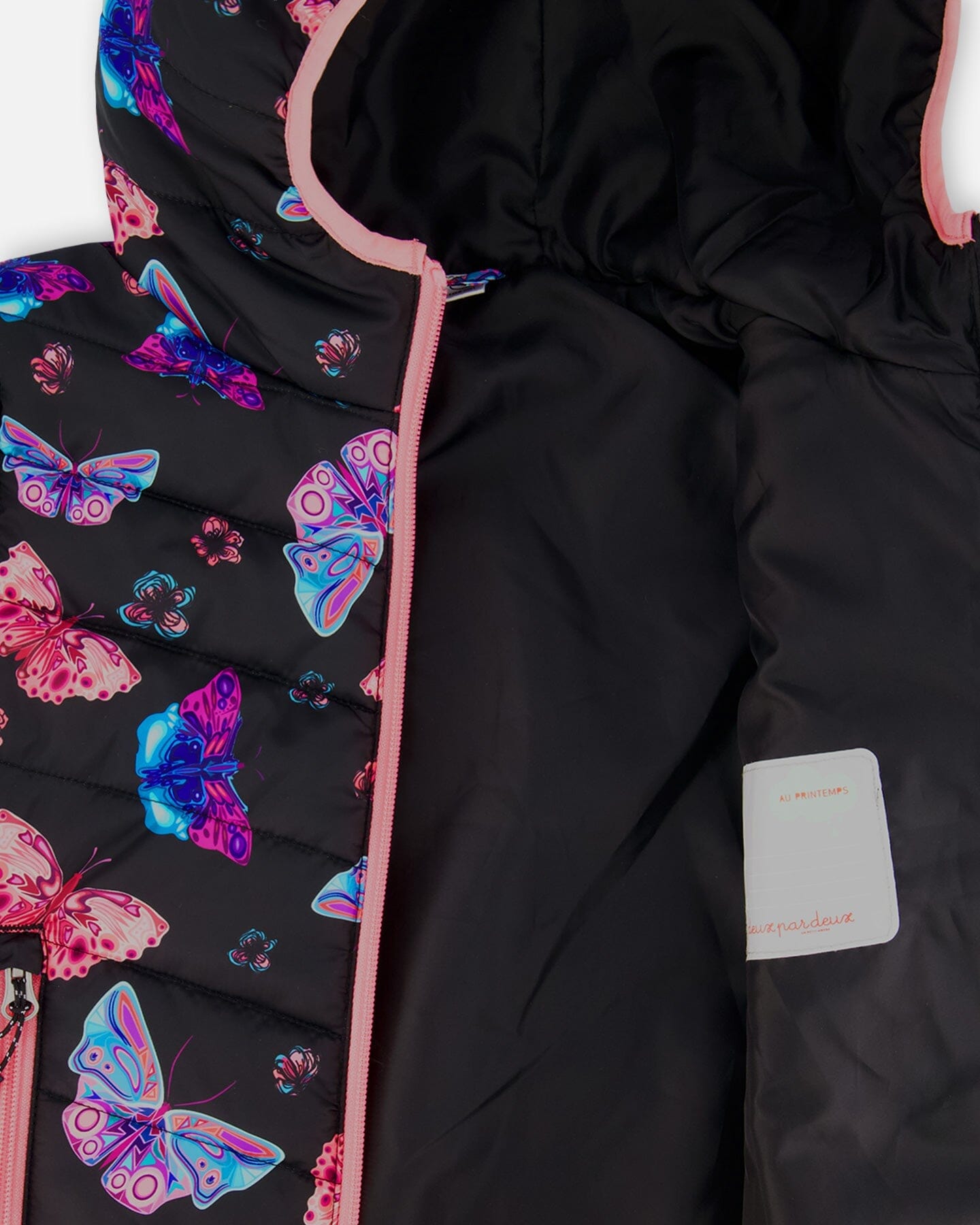 Printed Quilted Mid-Season Jacket Multicolored Butterflies On Black Background