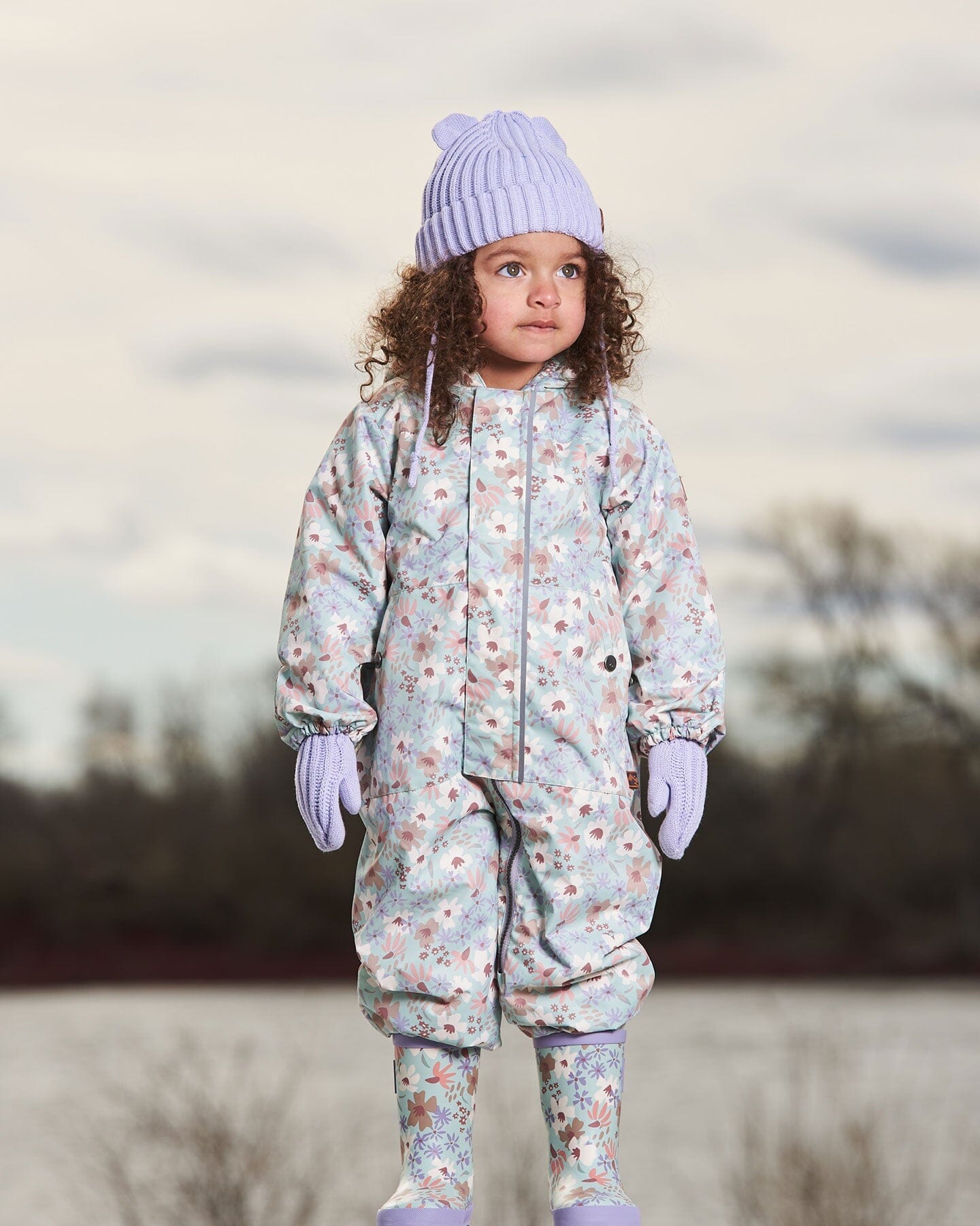 Baby Printed Mid-Season One-Piece Outerwear With Hat Small White Flowers On Turquoise And Lilac