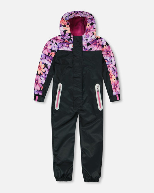 Mid-Season One-Piece Outerwear Black With Pink And Orange Flowers