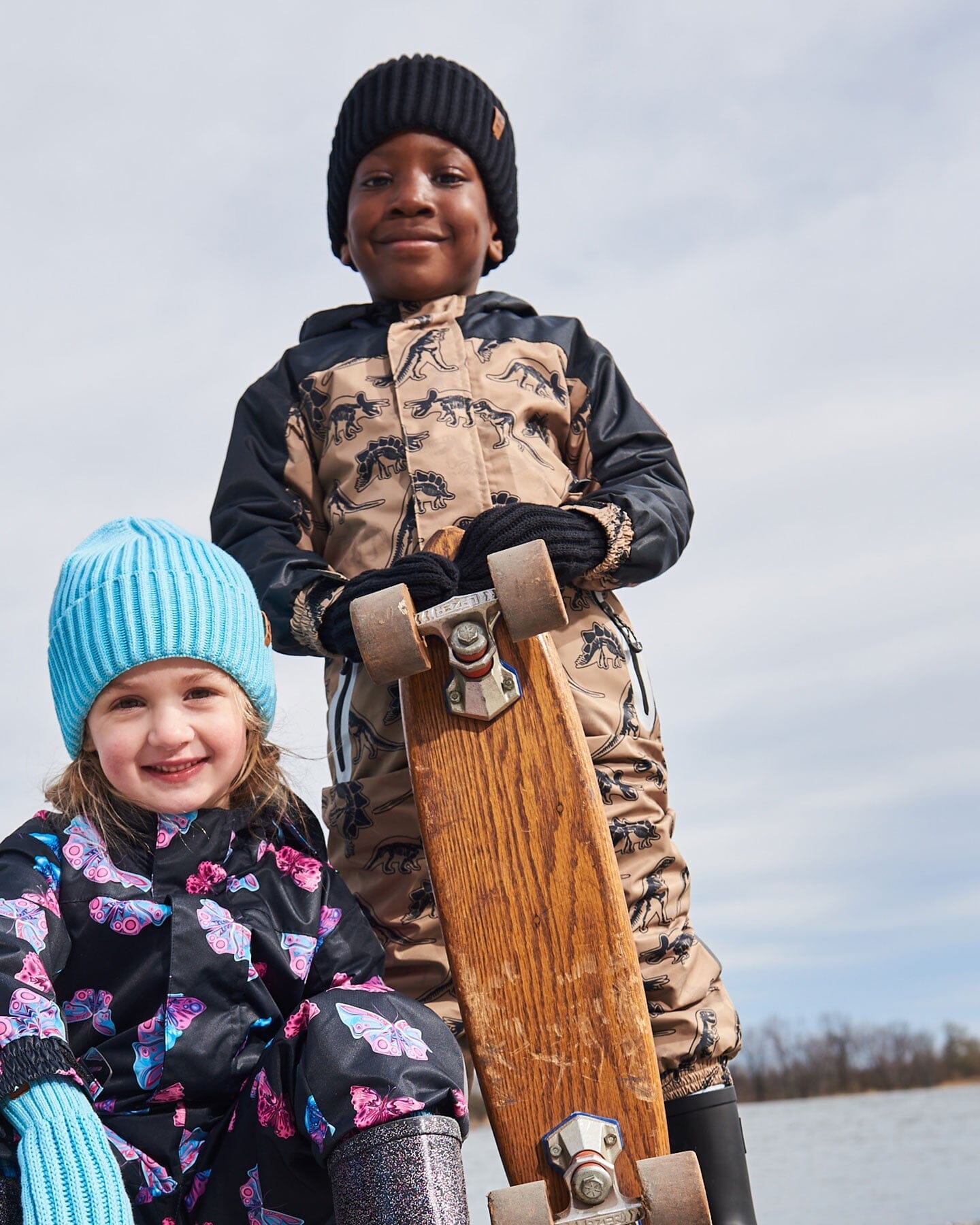 Printed Mid-Season One-Piece Outerwear Black Dinosaur On Beige Background