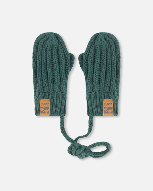 Baby Knit Mittens With String Forest Green