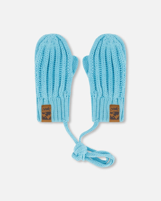 Baby Knit Mittens With String Light Blue