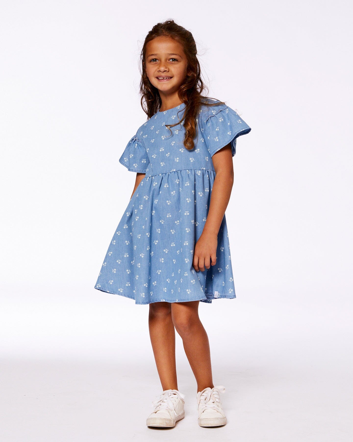 Printed Chambray Dress Blue And White Cherries