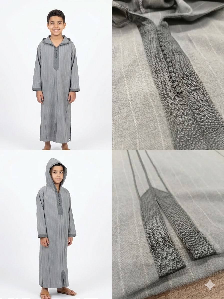 Authentic Kids' Moroccan Djellaba – Gray MLIFA with Handcrafted Sfifa Details