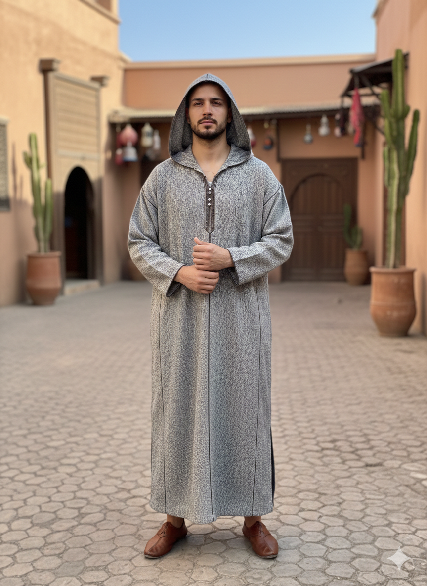 Traditional Moroccan Hooded Djellaba – Textured Wool Blend Long Thobe with Handcrafted Detail