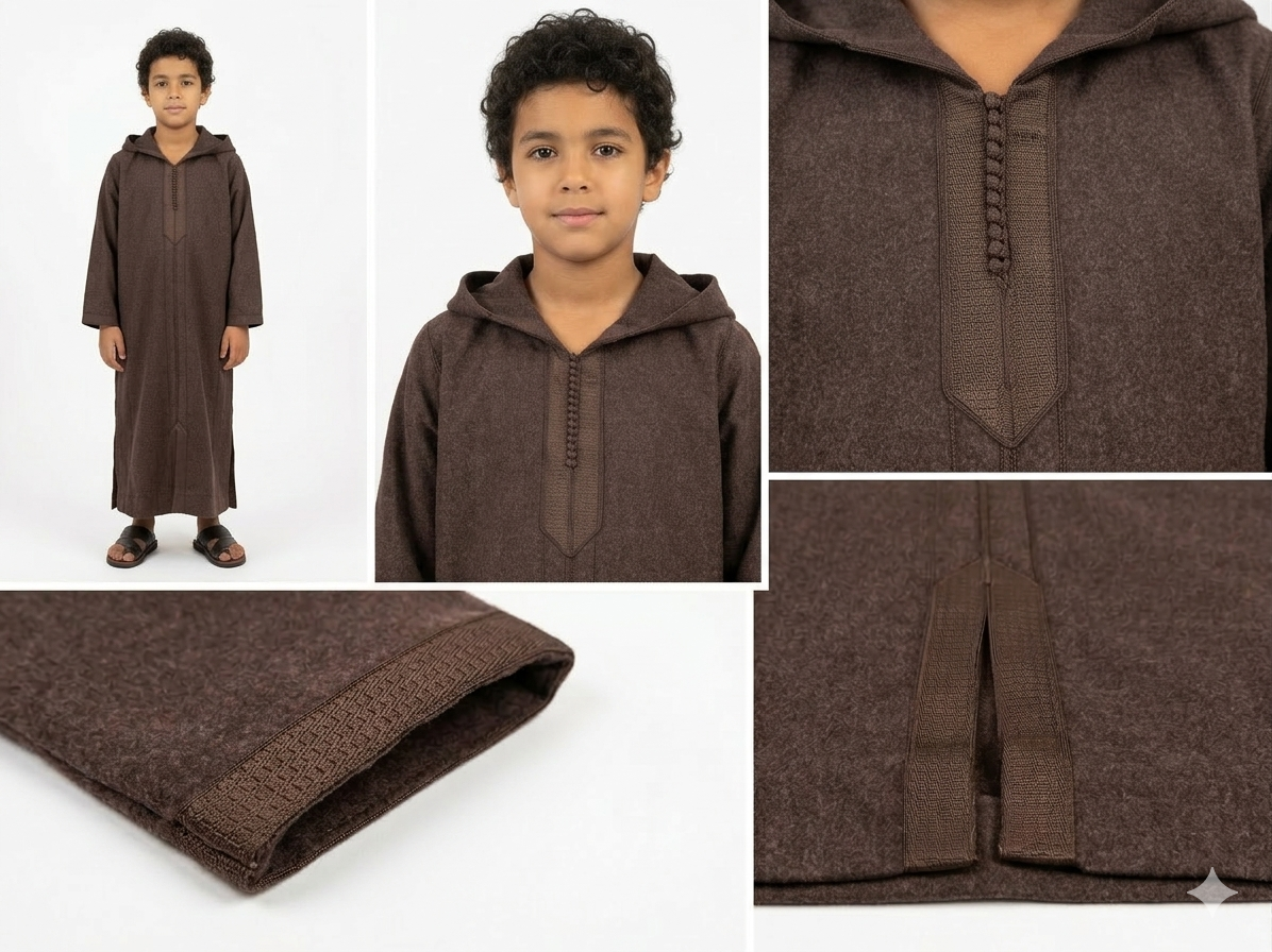 Djellaba marocaine authentique pour enfants – MLIFA marron avec détails Sfifa faits main