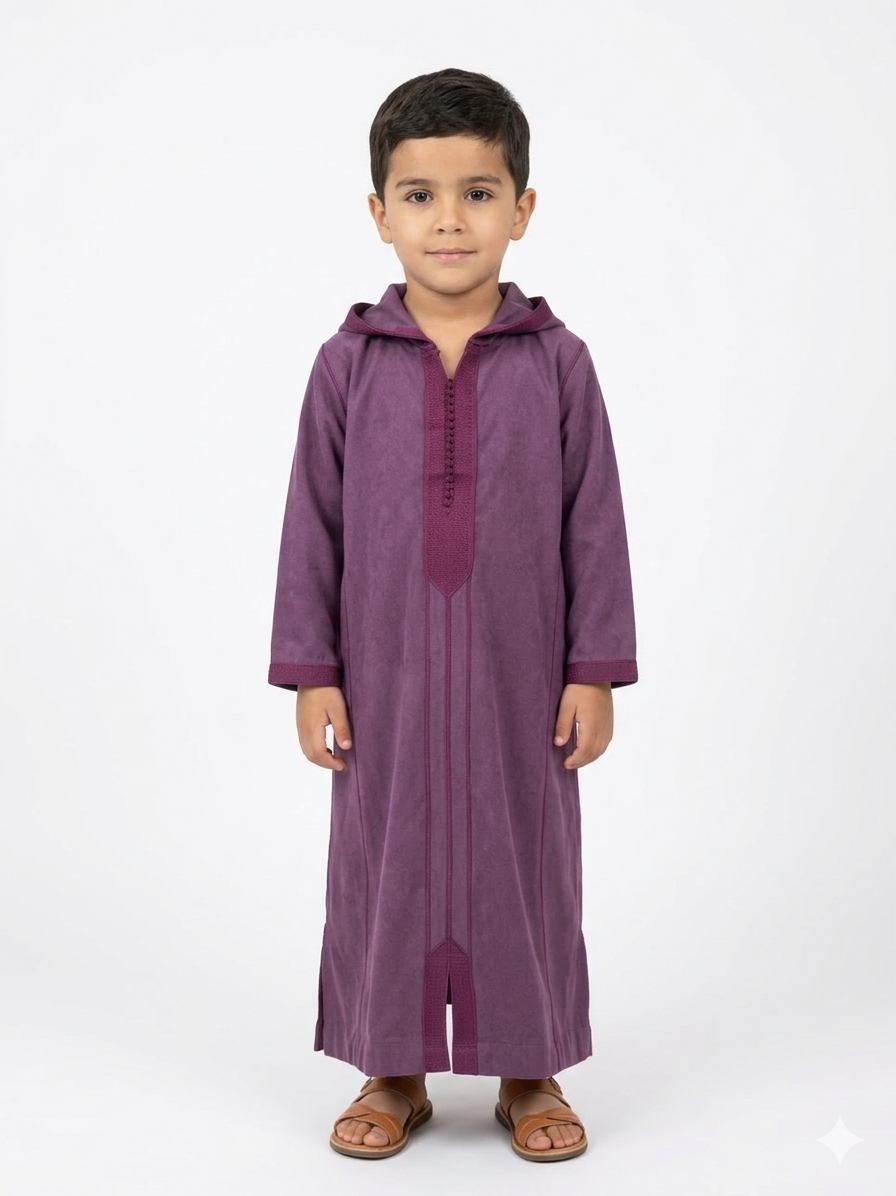 Djellaba Marocaine Authentique pour Enfants – Mlifa Prune Riche avec Détails Sfifa Faits Main